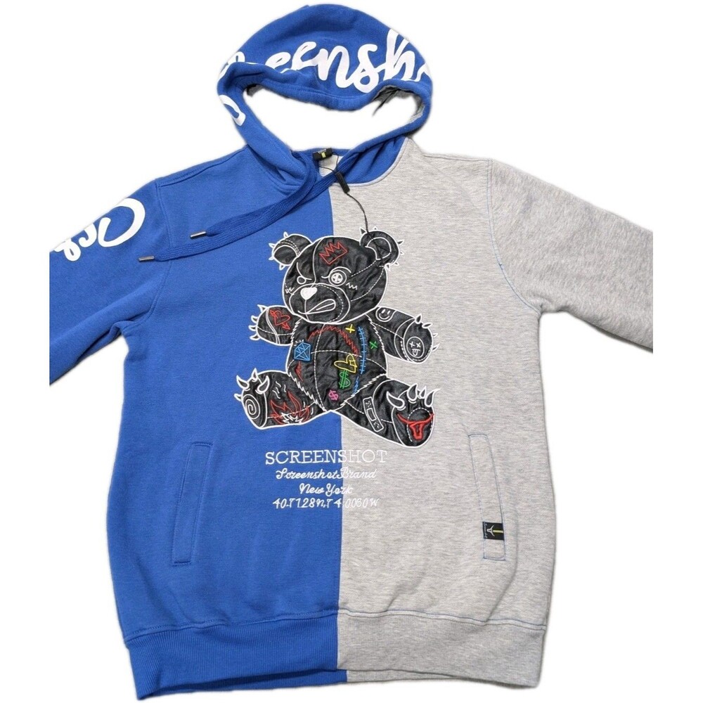 Screenshot Brand NY Color Block Bear Fleece Hoodie Mens Medium Grey Blue H1113